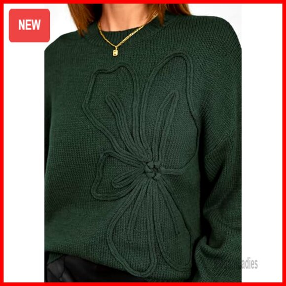 Oversized Chunky Knit Pullover Sweater Long Sleeve Crewneck Floral Pattern - Picture 5 of 7